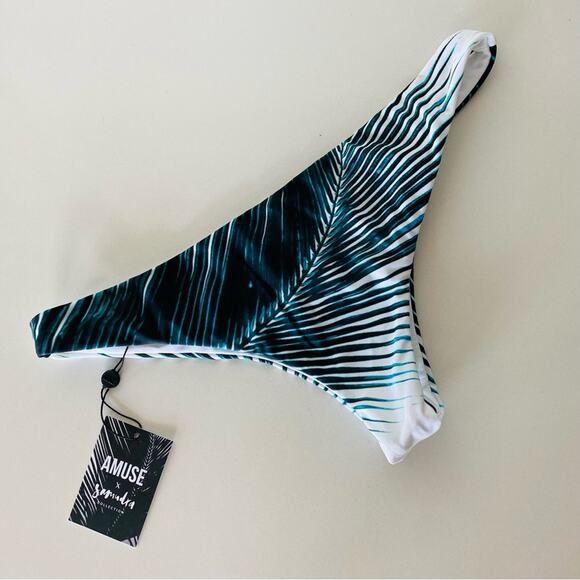 NEW AMUSE SOCIETY x Samudra White Green Palm Leaf Print Castles Bikini Bottom L - Picture 7 of 9